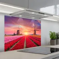 KitchenYeah Spatscherm 80x60 cm - Zelfklevende achterwand Bloemen - Tulpen - Bloemenveld - Molens - Holland - Keuken muurbeschermer - Spatwand fornuis