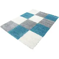 Muratap Basic shaggy geblokt vloerkleed turquoise / wit hoogpolig- 80x150