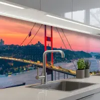 KitchenYeah Keuken achterwand 450x60 cm - Spatscherm zelfklevend Brug - Rood - Skyline - Water - Muurbeschermer - Spatwand fornuis