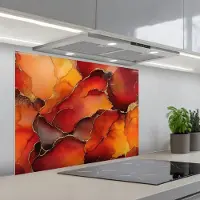KitchenYeah Spatscherm 90x70 cm - Zelfklevende achterwand Rood - Marmer print - Goud - Herfst kleuren - Abstract - Keuken muurbeschermer - Spatwand fornuis