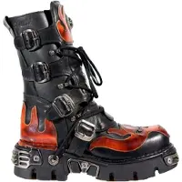 New rock Flame geaccentueerde zwart/rode leren biker-schedellaarzen - 107-S1