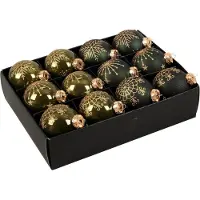 Othmar decorations Luxe kerstballen - gedecoreerd - 12x - donkergroen - D7,5 cm - glas - kerstversiering