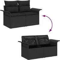 vidaXL Tuinbank Set met kussen met opslag 9 pcs Zwart Poly Riet