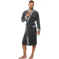 L&L Heren Badjas - Badjas - Grijze badjas - Badjas met kraag - Badjas veloursstof - Katoenen badjas - Lange badjas - Maat XXL - Elegante badjas - Antraciet