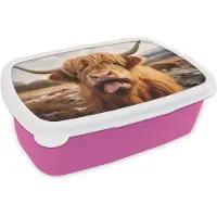MuchoWow Broodtrommel Roze - Lunchbox Schotse hooglander - Tong - Hoorns - Brooddoos 18x12x6 cm - Brood lunch box - Broodtrommels voor kinderen en volwassenen