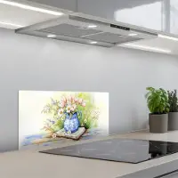 KitchenYeah Spatscherm 60x30 cm - Zelfklevende achterwand Vaas - Delftsblauw - Madeliefjes - Keuken muurbeschermer - Spatwand fornuis