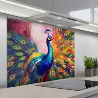 KitchenYeah Spatscherm 100x75 cm - Zelfklevende achterwand Pauw - Dieren - Schilderij - Regenboog - Keuken muurbeschermer - Spatwand fornuis