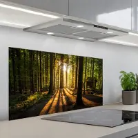 KitchenYeah Spatscherm 100x50 cm - Zelfklevende achterwand Zon - Bomen - Bos - Landschap - Natuur - Keuken muurbeschermer - Spatwand fornuis