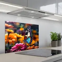 KitchenYeah Spatscherm 70x55 cm - Zelfklevende achterwand Vlinder - Dier - Kleurrijk - Bloemen - Natuur - Keuken muurbeschermer - Spatwand fornuis