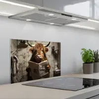 KitchenYeah Spatscherm 60x40 cm - Zelfklevende achterwand Schotse hooglander - Toilet - Krant - Badkamer - Keuken muurbeschermer - Spatwand fornuis