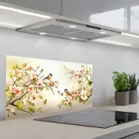 KitchenYeah Spatscherm 80x40 cm - Zelfklevende achterwand Takken - Bloemen - Vogeltjes - Roze - Keuken muurbeschermer - Spatwand fornuis