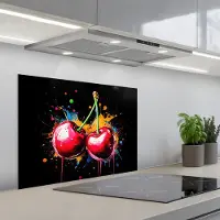 KitchenYeah Spatscherm 70x50 cm - Zelfklevende achterwand Kersen - Fruit - Graffiti - Verf - Abstract - Modern - Kleurrijk - Keuken muurbeschermer - Spatwand fornuis