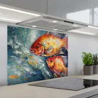 KitchenYeah Spatscherm 80x60 cm - Zelfklevende achterwand Vissen - Water - Dieren - Kunst - Olieverf - Keuken muurbeschermer - Spatwand fornuis