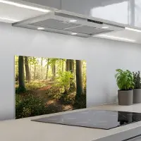 KitchenYeah Spatscherm 60x40 cm - Zelfklevende achterwand Bos - Bomen - Pad - Zon - Planten - Bladeren - Natuur - Keuken muurbeschermer - Spatwand fornuis
