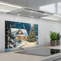 KitchenYeah Spatscherm 70x55 cm - Zelfklevende achterwand Kerst - Kerstboom - Winter - Huis - Sneeuw - Keuken muurbeschermer - Spatwand fornuis