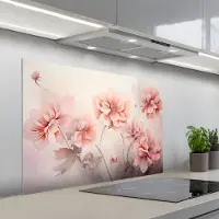 KitchenYeah Spatscherm 100x65 cm - Zelfklevende achterwand Bloemen - Roze - Kunst - Abstract - Aquarel - Keuken muurbeschermer - Spatwand fornuis