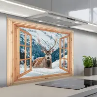 KitchenYeah Spatscherm 100x75 cm - Zelfklevende achterwand Doorkijk - Hert - Landschap - Winter - Natuur - Dieren - Bergen - Keuken muurbeschermer - Spatwand fornuis
