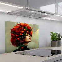KitchenYeah Spatscherm 70x55 cm - Zelfklevende achterwand Vrouw - Appels - Rood - Bladeren - Keuken muurbeschermer - Spatwand fornuis