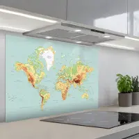 KitchenYeah Spatscherm 80x55 cm - Zelfklevende achterwand Wereldkaart - Realistisch - Blauw - Keuken muurbeschermer - Spatwand fornuis