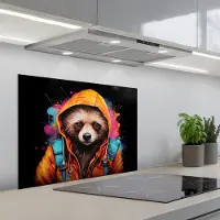 KitchenYeah Spatscherm 70x50 cm - Zelfklevende achterwand Graffiti - Wasbeer - Jas - Zwart - Keuken muurbeschermer - Spatwand fornuis