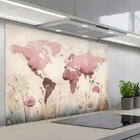 KitchenYeah Spatscherm 120x80 cm - Zelfklevende achterwand Wereldkaart - Roze - Bloemen - Keuken muurbeschermer - Spatwand fornuis