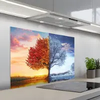 KitchenYeah Spatscherm 100x65 cm - Zelfklevende achterwand Seizoenen - Kunst - Boom - Herfst - Winter - Keuken muurbeschermer - Spatwand fornuis