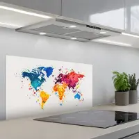 KitchenYeah Spatscherm 80x40 cm - Zelfklevende achterwand Wereldkaart - Graffiti - Kleurrijk - Keuken muurbeschermer - Spatwand fornuis