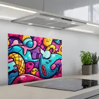 KitchenYeah Spatscherm 70x55 cm - Zelfklevende achterwand Abstract - Neon - Design - Kleurrijk - Graffiti - Keuken muurbeschermer - Spatwand fornuis