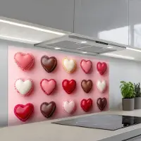 KitchenYeah Spatscherm 120x60 cm - Zelfklevende achterwand Macarons - Hartjes - Kleurrijk - Roze - Keuken muurbeschermer - Spatwand fornuis