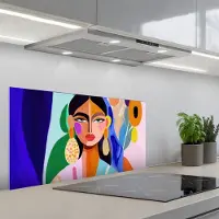KitchenYeah Spatscherm 90x45 cm - Zelfklevende achterwand Portret - Vrouw - Modern - Keuken muurbeschermer - Spatwand fornuis