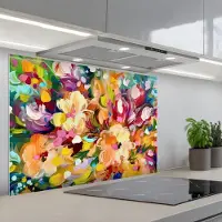 KitchenYeah Spatscherm 90x60 cm - Zelfklevende achterwand Schilderij - Olieverf - Bloemen - Regenboog - Keuken muurbeschermer - Spatwand fornuis