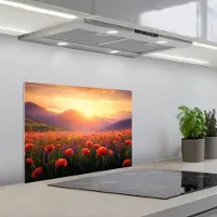 KitchenYeah Spatscherm 60x45 cm - Zelfklevende achterwand Landschap - Zonsondergang - Bloemenveld - Keuken muurbeschermer - Spatwand fornuis