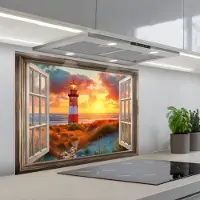 KitchenYeah Spatscherm 90x70 cm - Zelfklevende achterwand Doorkijk - Raam - Vuurtoren - Zonsondergang - Strand - Keuken muurbeschermer - Spatwand fornuis