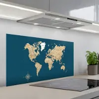 KitchenYeah Spatscherm 100x50 cm - Zelfklevende achterwand Wereldkaart - Donkerblauw - Beige - Keuken muurbeschermer - Spatwand fornuis