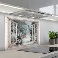 KitchenYeah Spatscherm 80x60 cm - Zelfklevende achterwand Bos - Winter - Bomen - Natuur - Pad - Doorkijk - Wit - Keuken muurbeschermer - Spatwand fornuis