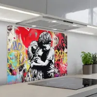 KitchenYeah Spatscherm 90x70 cm - Zelfklevende achterwand Graffiti - Zwart wit - Street art - Keuken muurbeschermer - Spatwand fornuis