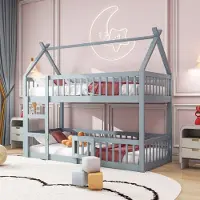 OKWISH Eenpersoonsbedden 90x200 cm - Innovatief Kinderbed Met Trappe En Veiligheidshek - Hout - Grijs