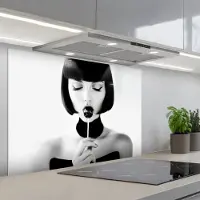 KitchenYeah Spatscherm 90x60 cm - Zelfklevende achterwand Vrouw - Lolly - Zwart - Wit - Keuken muurbeschermer - Spatwand fornuis