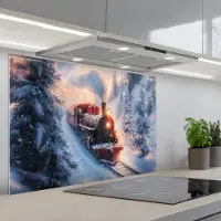 KitchenYeah Spatscherm 90x60 cm - Zelfklevende achterwand Kersttrein - Sneeuw - Winter - Kerst - Keuken muurbeschermer - Spatwand fornuis