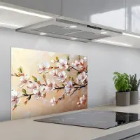 KitchenYeah Spatscherm 70x55 cm - Zelfklevende achterwand Bloesemtakken - Schilderachtig - Roze - Keuken muurbeschermer - Spatwand fornuis