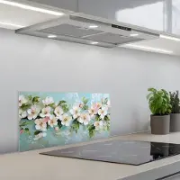 KitchenYeah Spatscherm 60x30 cm - Zelfklevende achterwand Bloesem - Bladeren - Lichtblauw - Keuken muurbeschermer - Spatwand fornuis