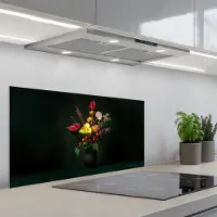 KitchenYeah Spatscherm 90x45 cm - Zelfklevende achterwand Bloemen - Vaas - Zwart - Keuken muurbeschermer - Spatwand fornuis
