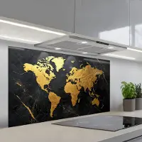KitchenYeah Spatscherm 120x60 cm - Zelfklevende achterwand Wereldkaart - Goud - Marmer print - Keuken muurbeschermer - Spatwand fornuis