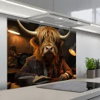 KitchenYeah Spatscherm 100x75 cm - Zelfklevende achterwand Schotse hooglander - Dier - Pak - Bureau - Keuken muurbeschermer - Spatwand fornuis