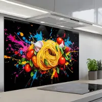 KitchenYeah Spatscherm 120x80 cm - Zelfklevende achterwand Spaghetti - Graffiti - Verf - Kleurrijk - Eten - Modern - Keuken muurbeschermer - Spatwand fornuis