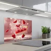KitchenYeah Spatscherm 70x55 cm - Zelfklevende achterwand Aardbei - Taart- Eten - Roze - Keuken muurbeschermer - Spatwand fornuis