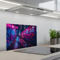 KitchenYeah Spatscherm 60x40 cm - Zelfklevende achterwand Stad - Neon - Nacht - Roze - Graffiti - Keuken muurbeschermer - Spatwand fornuis