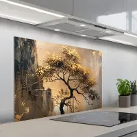 KitchenYeah Spatscherm 100x65 cm - Zelfklevende achterwand Boom - Goud - Landschap - Verf - Keuken muurbeschermer - Spatwand fornuis