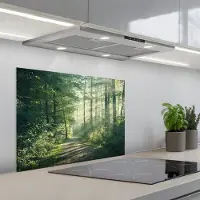 KitchenYeah Spatscherm 70x50 cm - Zelfklevende achterwand Bos - Pad - Zon - Bomen - Groen - Natuur - Keuken muurbeschermer - Spatwand fornuis