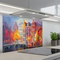 KitchenYeah Spatscherm 90x60 cm - Zelfklevende achterwand Grachtenpanden - Kunst - Schilderij - Amsterdam - Keuken muurbeschermer - Spatwand fornuis
